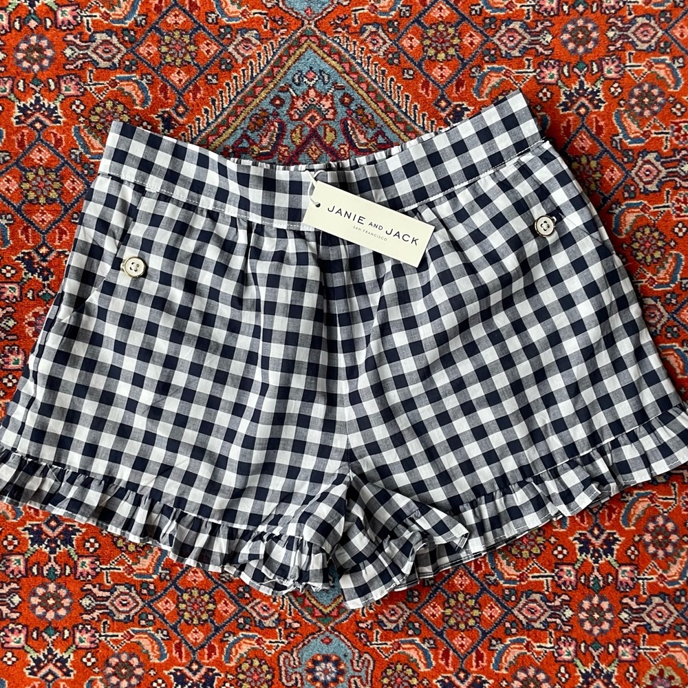 NWT Janie & Jack Gingham Shorts Size 10 Navy & White Ruffle at hem